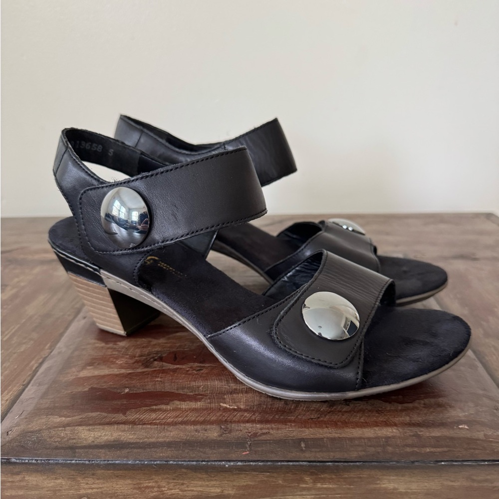 Rieker Aileen 69 black leather sandals adjustable straps block heel women 10